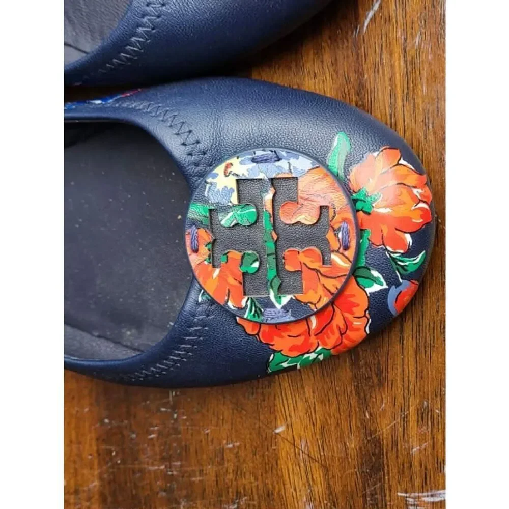 Tory Burch Navy and Red Floral Leather Ballet Flats size 8